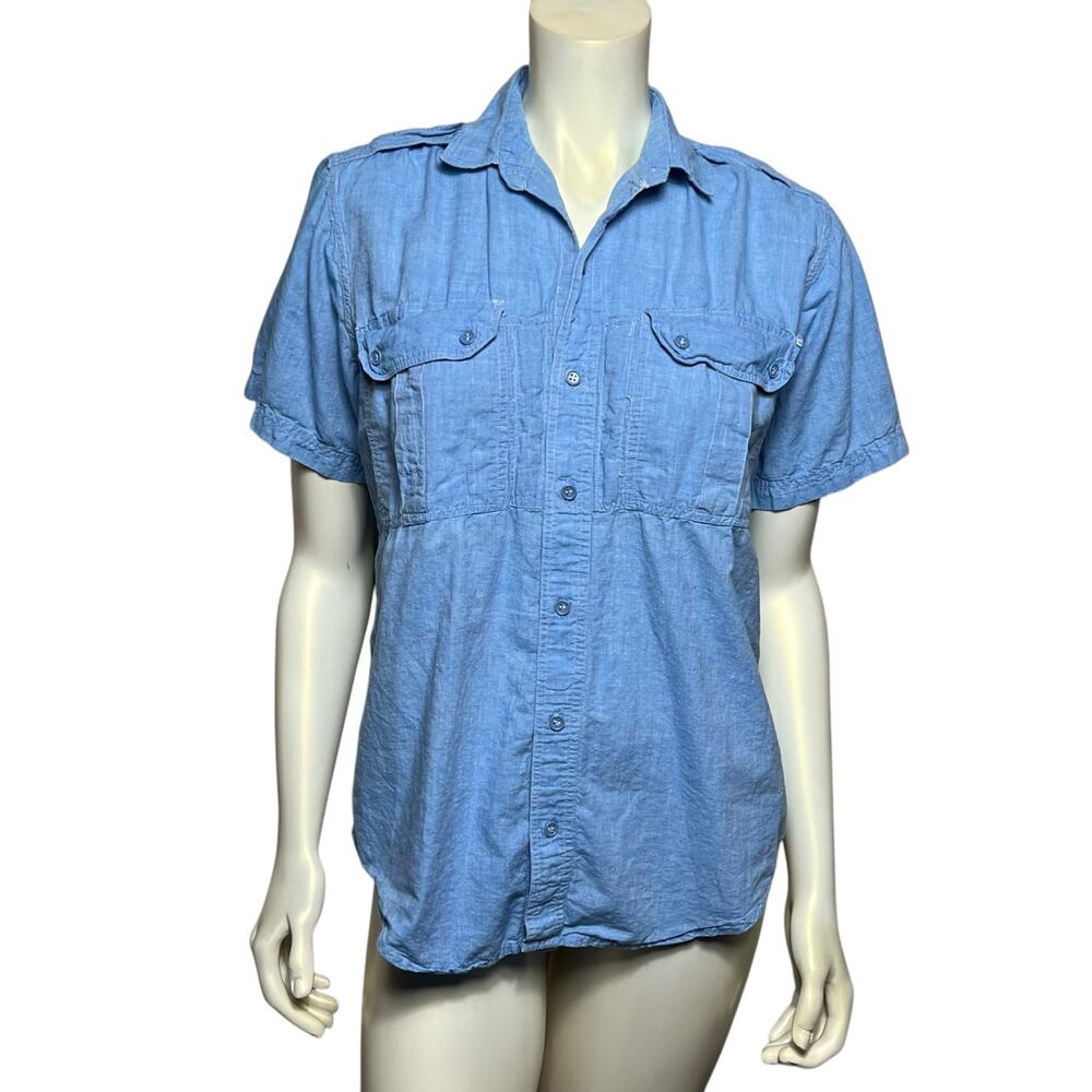 Revenge Shirtmakers Vintage Blue Chambray Military Style Button Down Size M